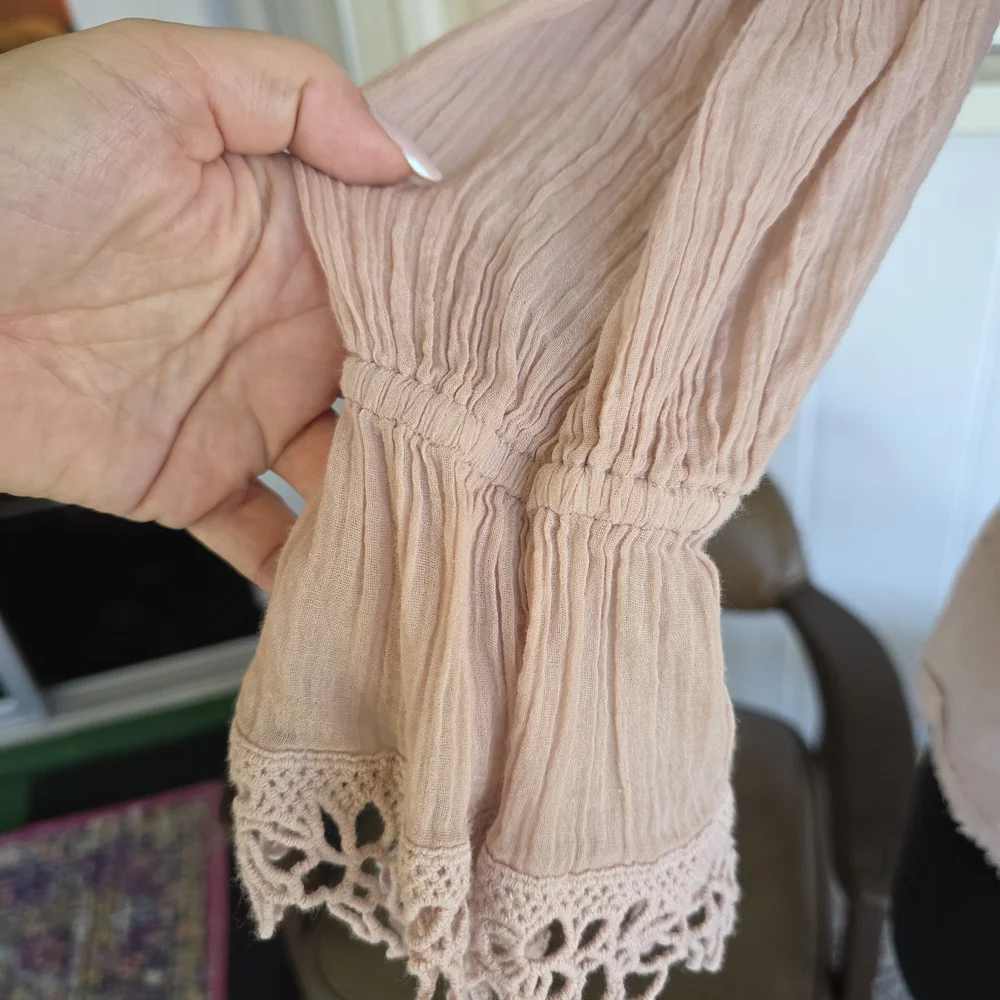 Free People FP One Victoria Top Blush Crochet-Trim Long Sleeve Top